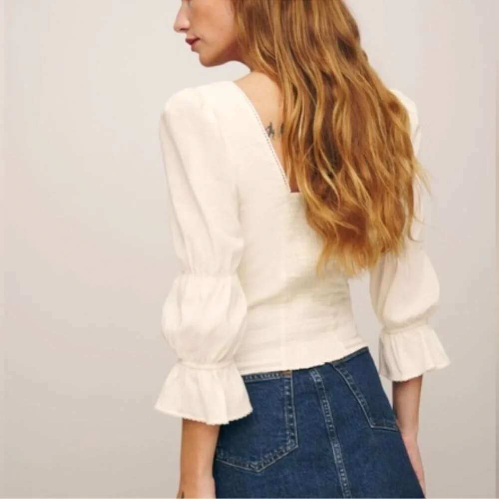 Reformation Cream Square Neck Puff Sleeve Blouse